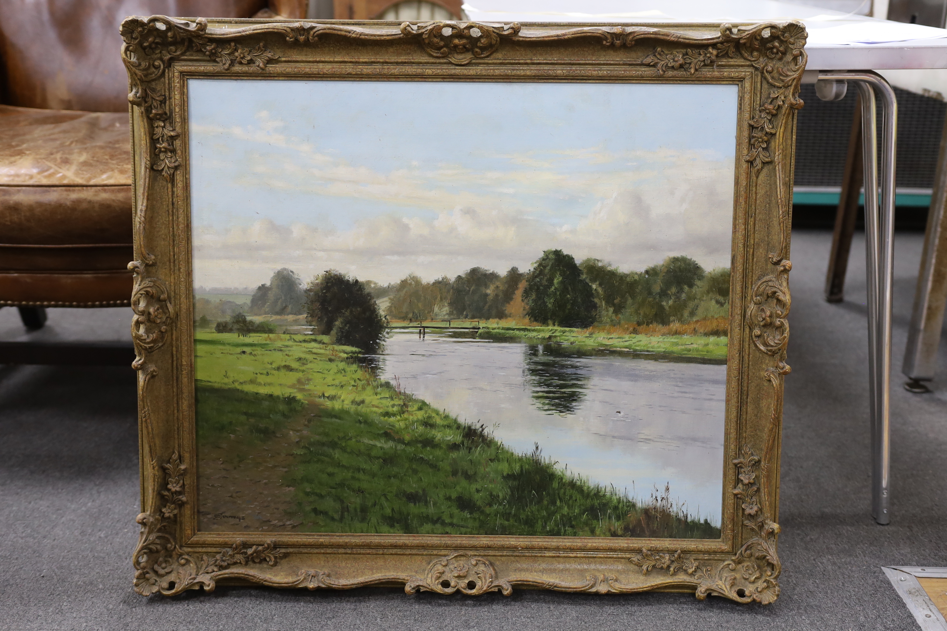 Walter Robin Jennings (1927–2005), oil on canvas, 'The Test near Stockbridge', signed, Arun Art Centre label verso, 59 x 70cm